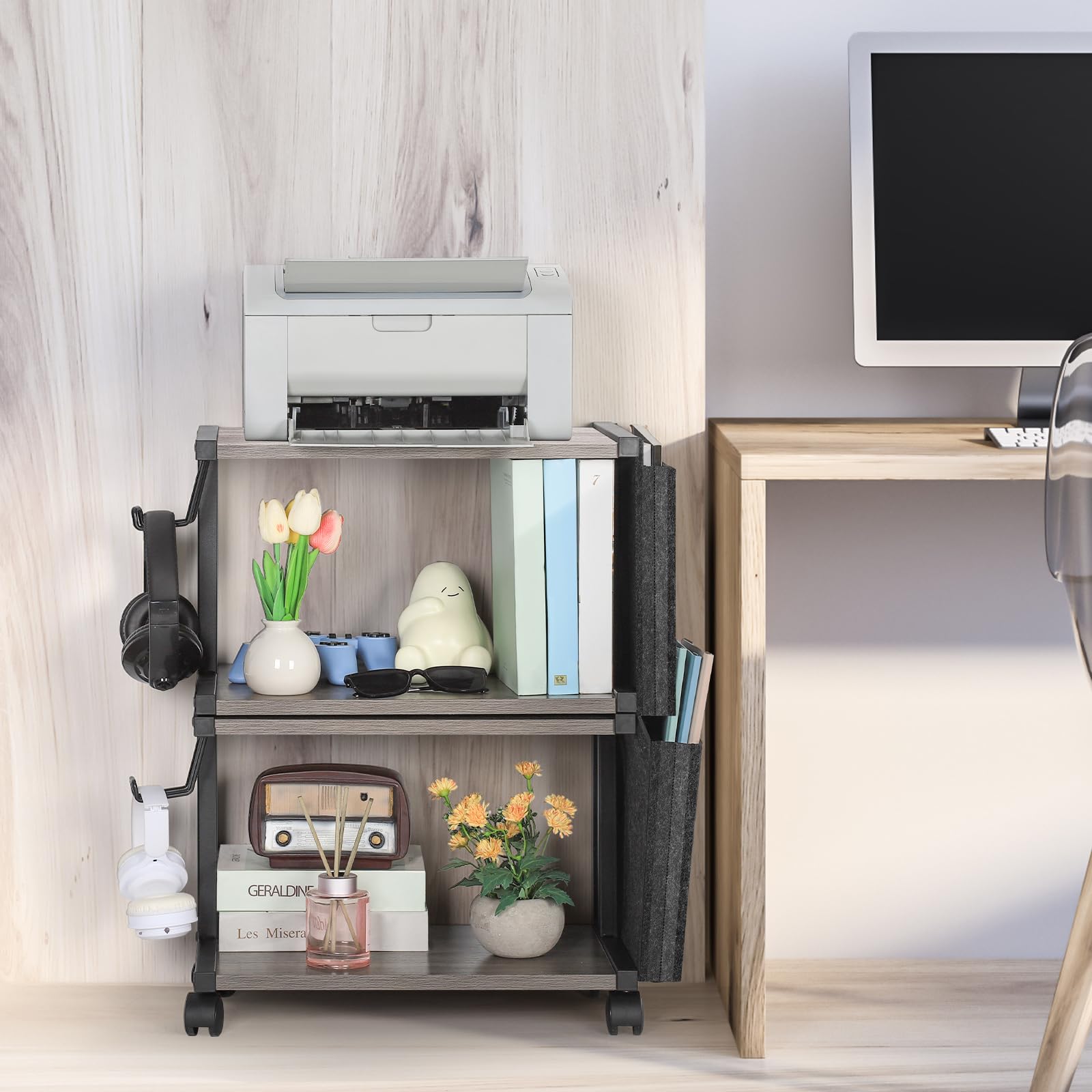 Susei Printer Stand, White, 2-Tier Printer Table With Wheels, Space-Saving Wooden Desk Shelf - View #5
