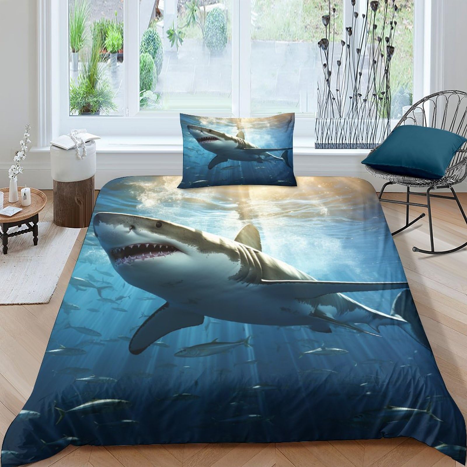 GEEYOU Great White Shark Warmth to Sleep Comforter Cover Hidden Zipper Megalodon Duvet Cover Set with Pillowcases Bedding Set Soft Microfiber Quilt Cover Set Various Sizes Single（135x200cm）