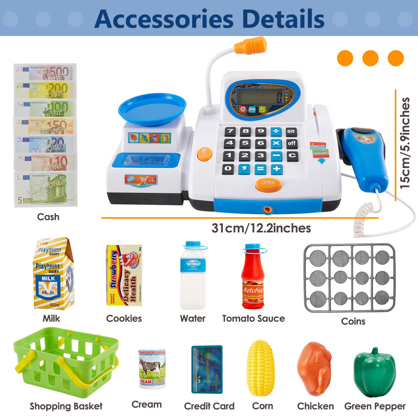 HERSITY Grande Registratore di Cassa Bambini con Scanner Microfono, Supermercato Giocattolo Cibo Finto Giochi di Imitazione, Regalo Compleanno per Bambina 3 4 5 Anni