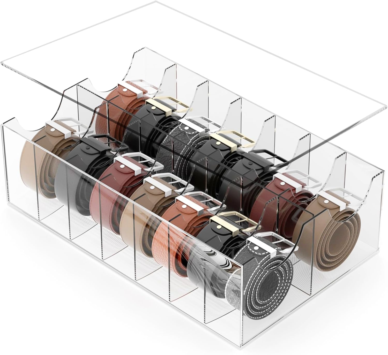 Large Acrylic Belt Organizer, Clear 14 Compartments Storage with Dust Cover, Display Holder for Home