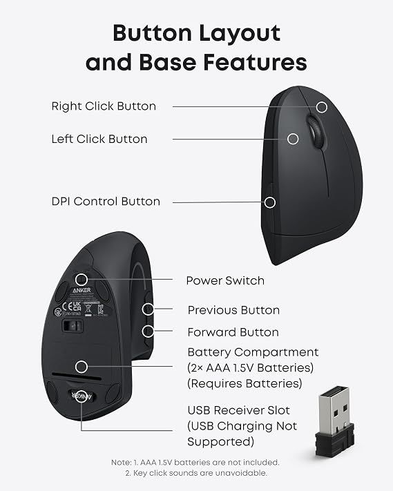 Anker 2.4G Wireless Vertical Ergonomic Optical Mouse, 800/1200 /1600 DPI, 5 Buttons for Laptop, Desktop, PC, Macbook - Black