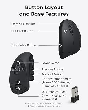 Anker 2.4G Wireless Vertical Ergonomic Optical Mouse, 800/1200 /1600 DPI, 5 Buttons for Laptop, Desktop, PC, Macbook - Black