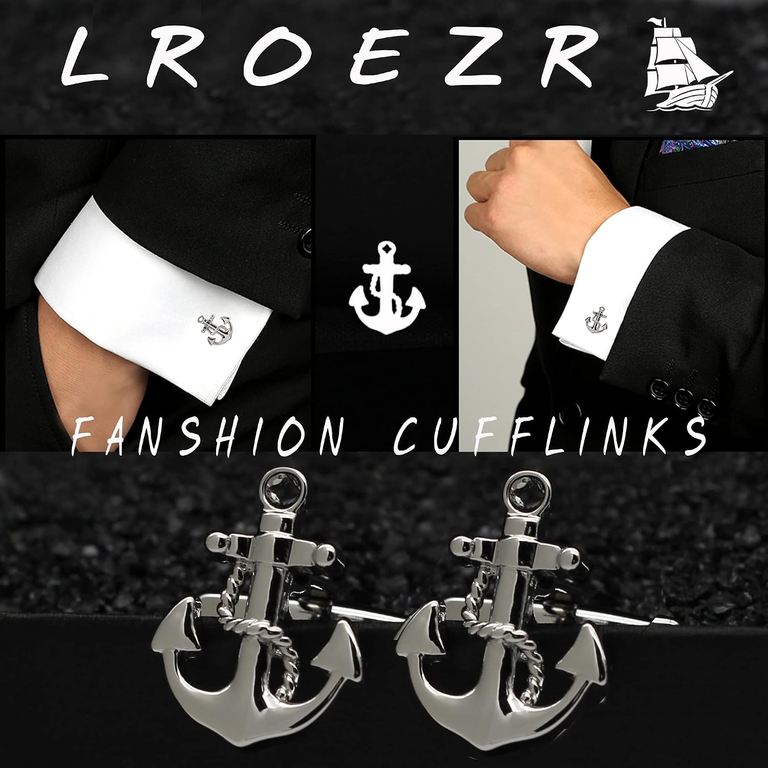 Cufflinks for Men Ship Wheel and Nautical Anchor Stainless Steel Shirt Accessories Unique Wedding Business Cuff Links for Mens Jewelry with Gift Box, 2 Pairs