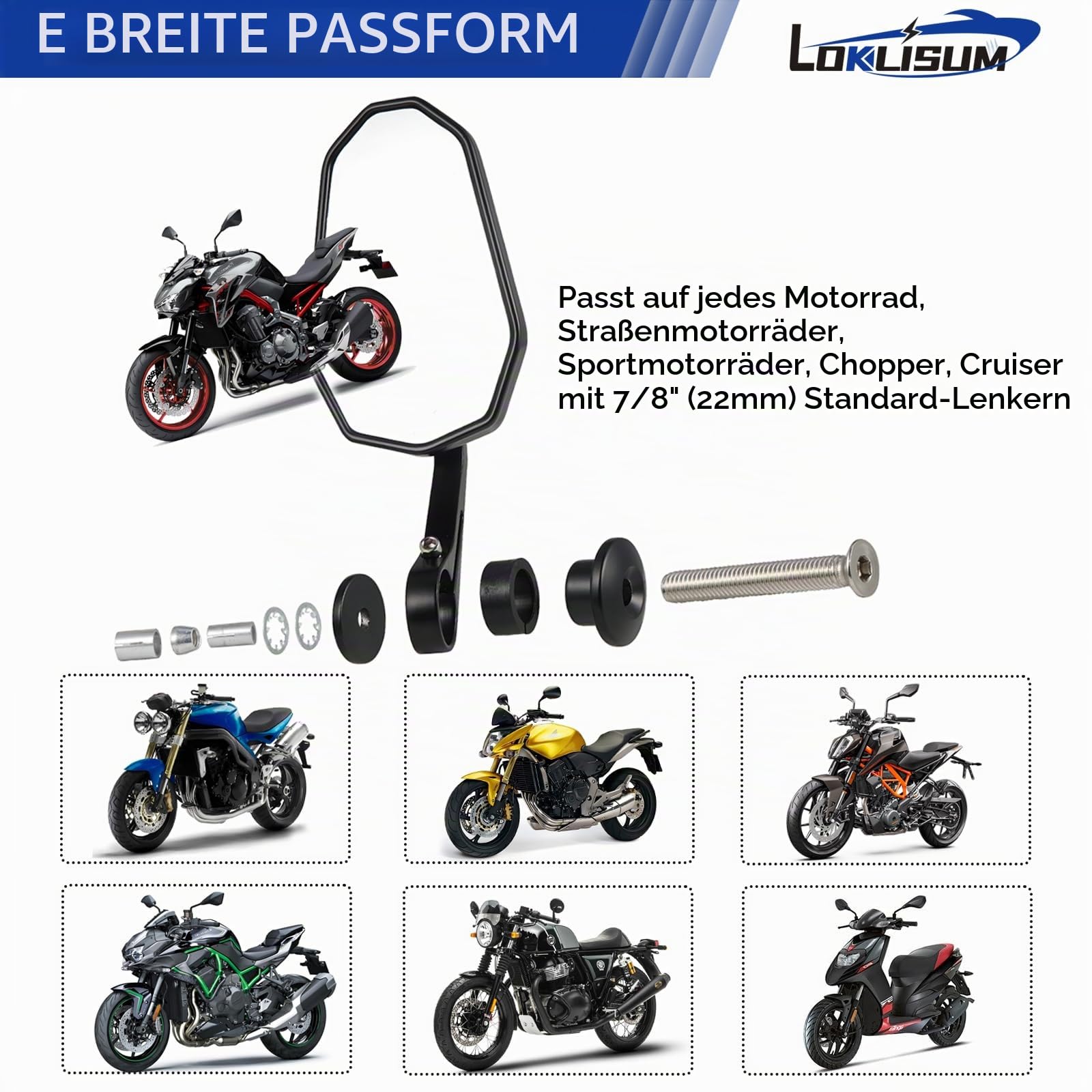 Motorrad Spiegel Universal E-geprüft, 2 Stück 360°drehbarer Lenkerendenspiegel Motorrad Rückspiegel, 7/8" 22mm Seitenspiegel Kompatibal mit Scooter Roller Quad ATV MT07 MT09 Z800 Z1000
