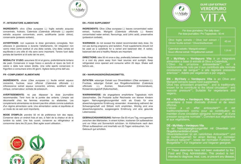 MyVitaly® Verdepuro Vita - Olivenblattextrakt flüssig Extra stärke - 20% Oleuropein Hochdosiert - Immunostabilisator Nahrungsergänzungsmittel 1 x 1000 ml