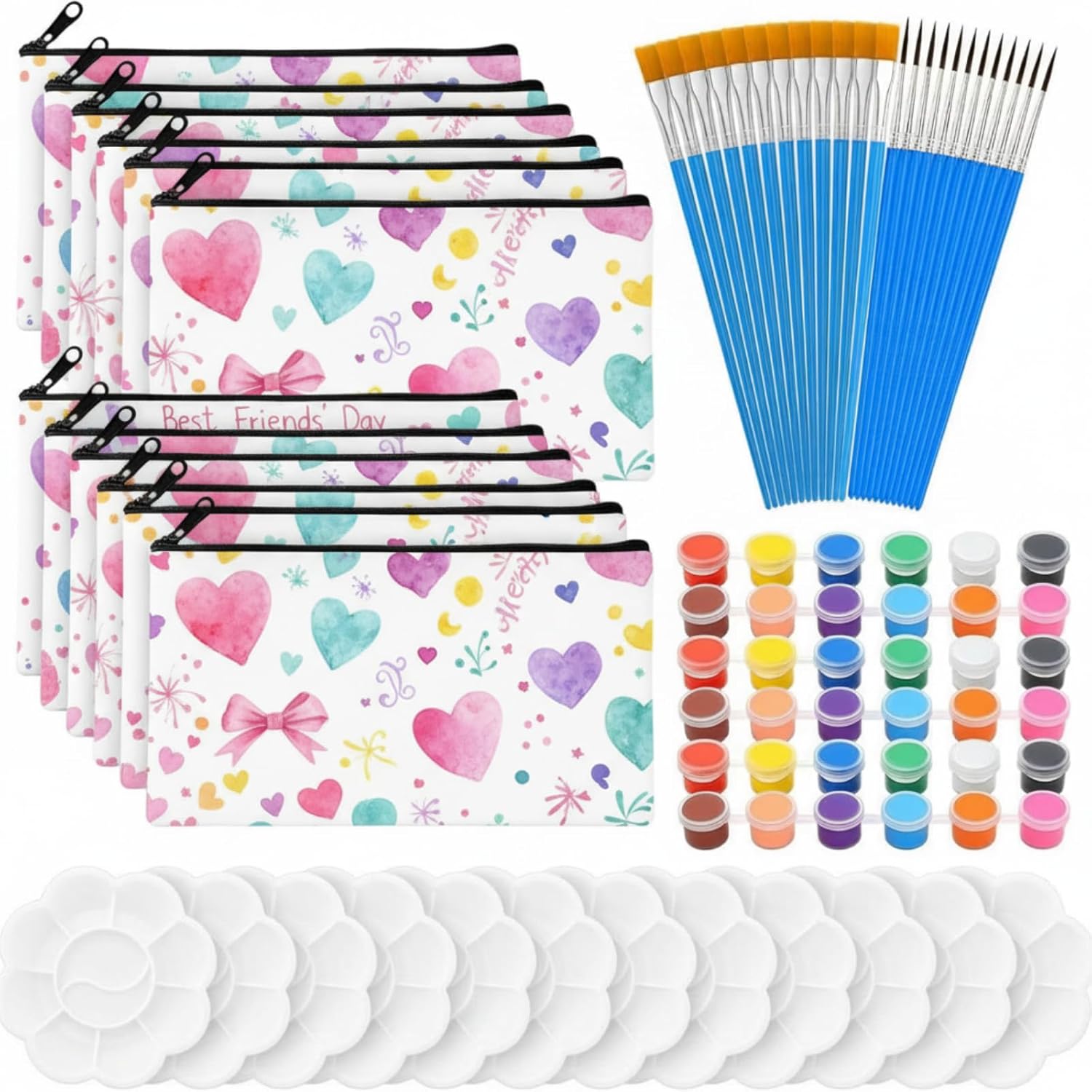 Gueevin 12 Set Galentines Activities Galentines Day Painting kit Valentines Crafts DIY Canvas Pouch Makeup Bag with Paint and Brush for Valentines Paint Kit Party Favor