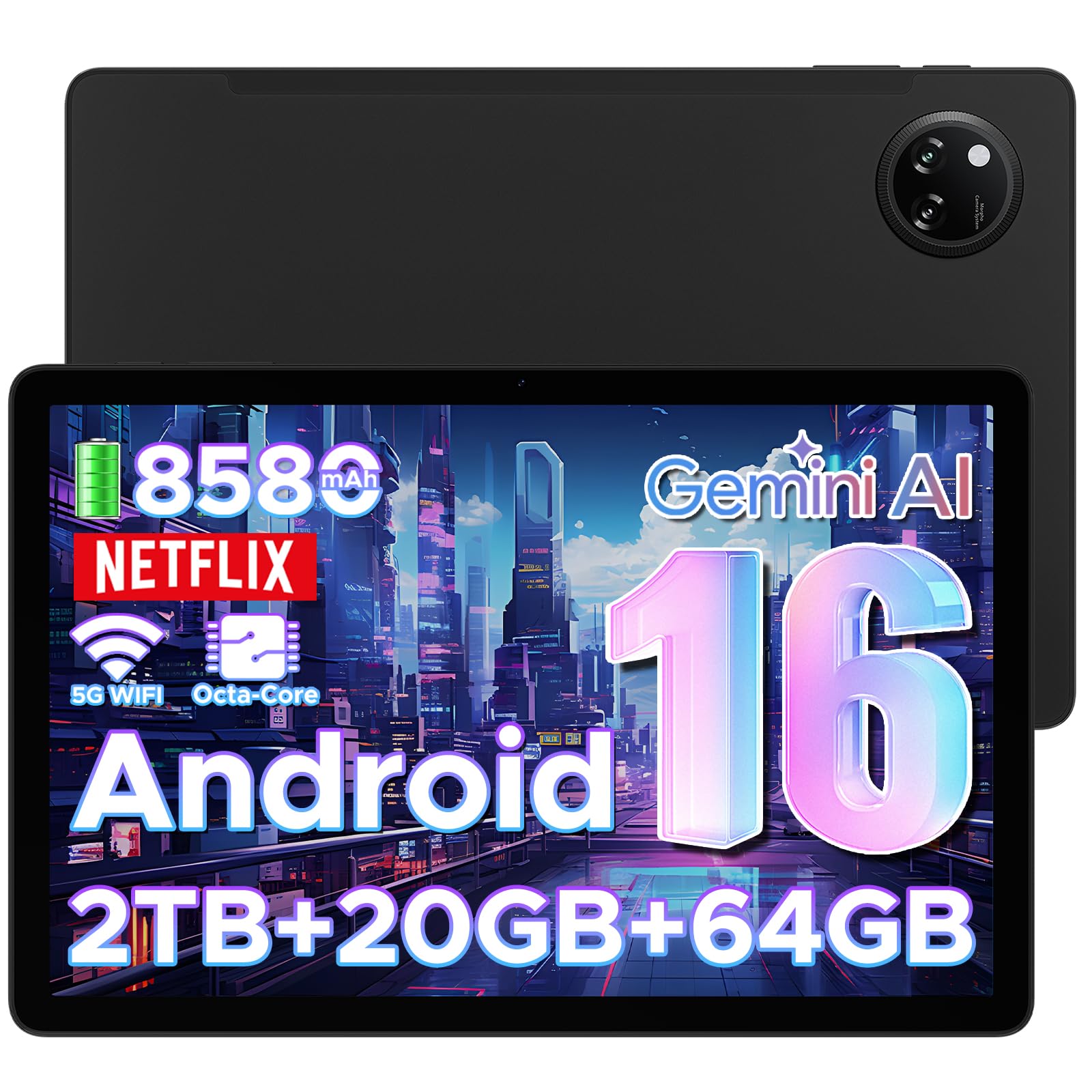 Tab A9+ Android 16 Tablet 11 Pollici, Unisoc T7200 Octa Core, 8580mAh, 90Hz-1080P, 20GBRAM+64GB/2TB TF, 13MP+5MP, Tablet Gaming, Gemini AI, WiFi 5/OTG/Face ID/Widevine L1/GPS/Doppio Altoparlante-Nero