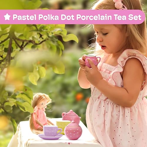 Miniatura 2 de Jewelkeeper Juego de té de porcelana para niñas pequeñas con cesta de picnic rosa, 13 piezas, mini juegos de té para niñas de 2 a 4 años, tazas