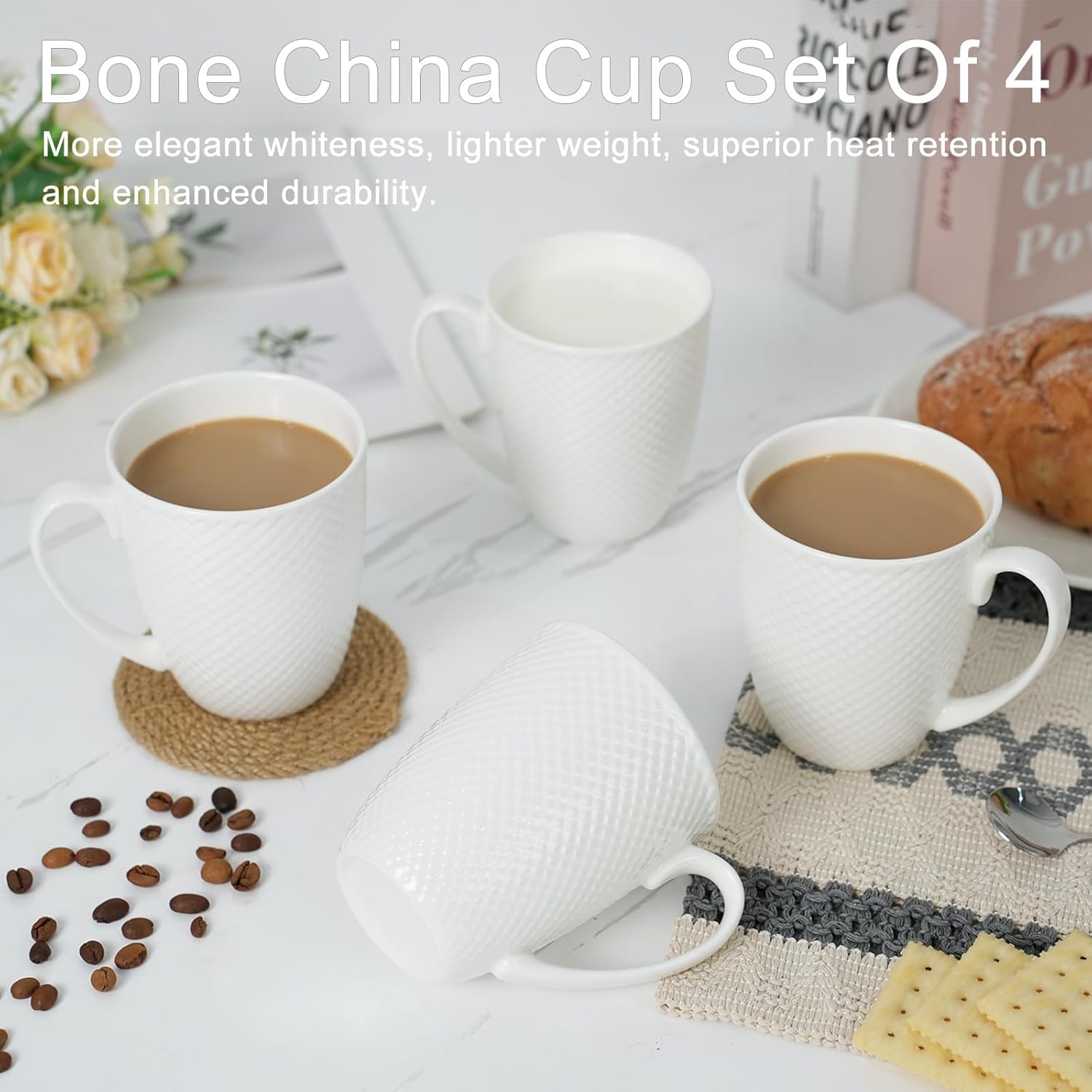 12 Oz White Coffee Mugs Set of 4, Fine Bone China Mugs, White Ceramic Coffee Cups Set, Rhombus Relief Texture, Lightweight Tea Mugs for Latte, Hot Cocoa, Women, Men - Image 6