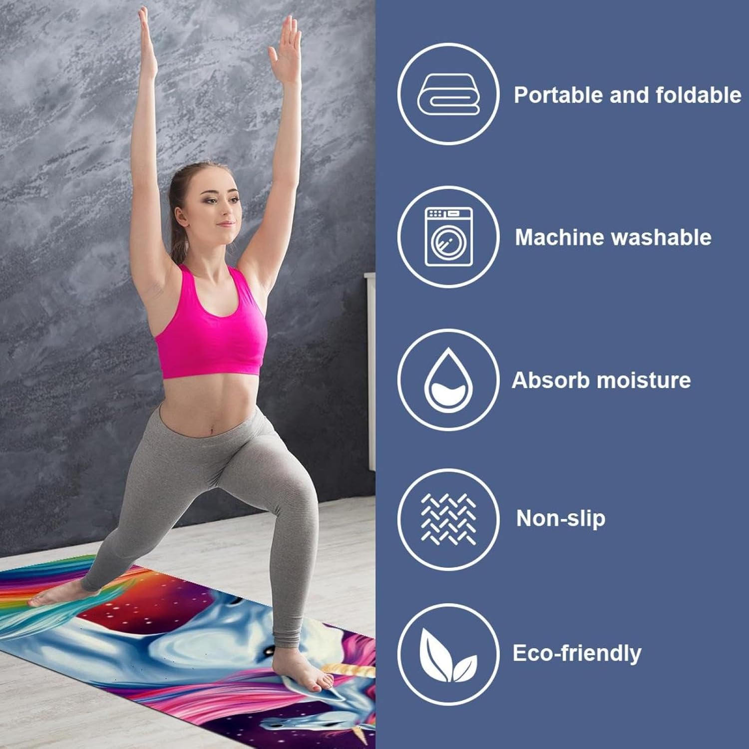 Yoga Towel, Rainbow Unicorn Pattern Non Slip Sweat Absorbent Hot Yoga Mat Towel for Hot Yoga, Pilates and Fitness - 72.8" x 26.8"
