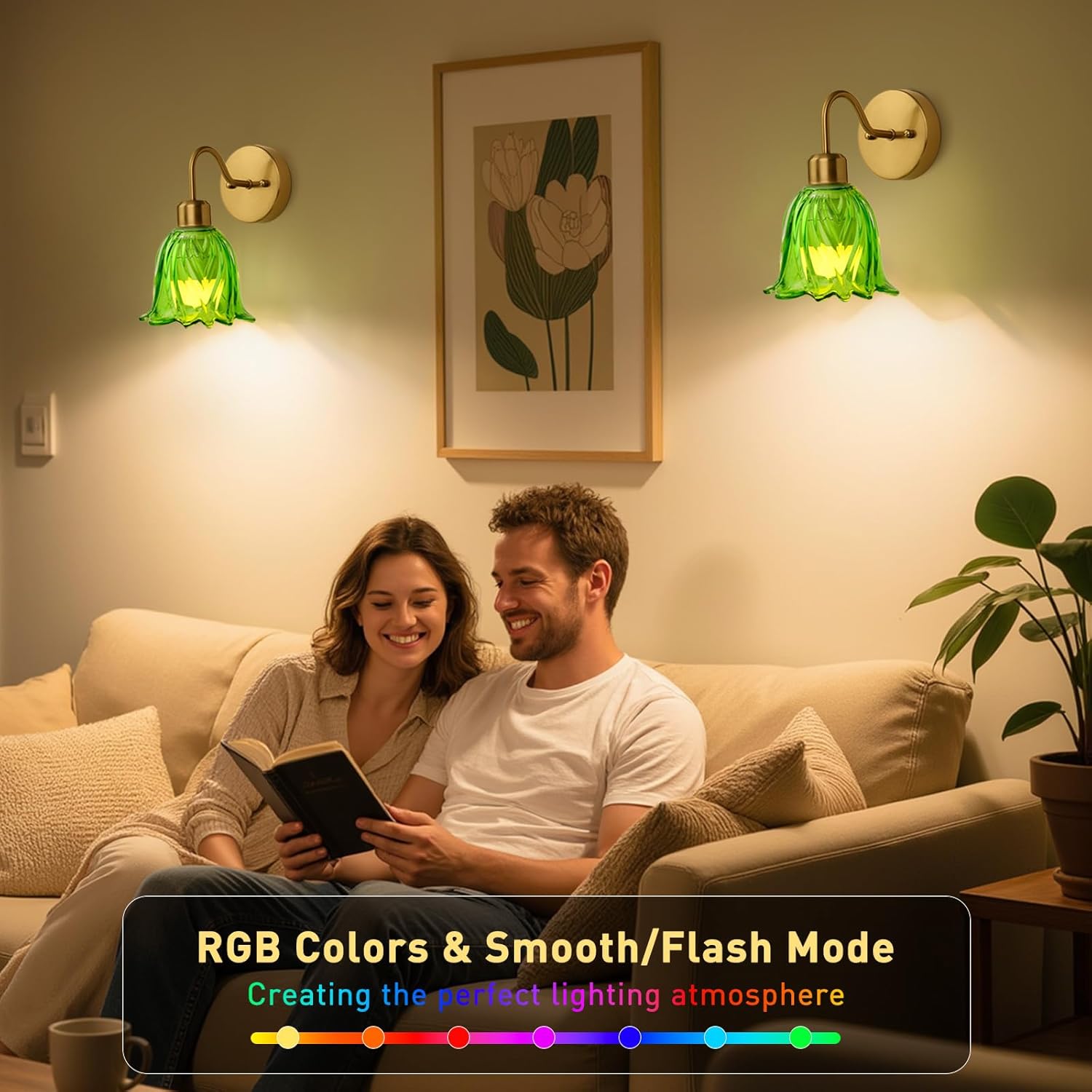 Battery Operated Wall Sconces Set of Two, Rechargeable Wireless RGB Wall Lights for Living Room Bedroom Bathroom 4000mAh, Green Glass Lampshade Modern Farmhouse Home Decor