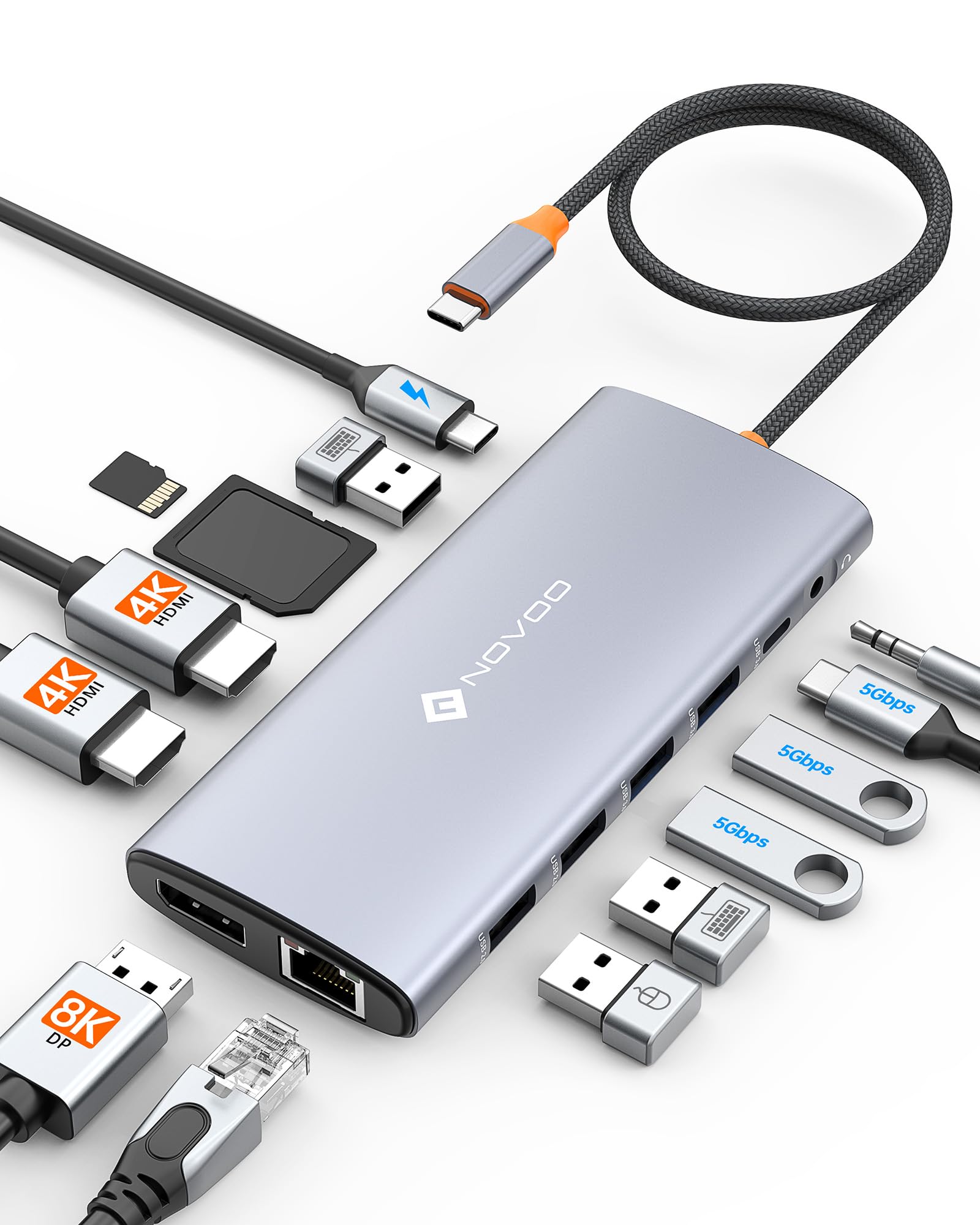 Station d'accueil USB C NOVOO avec Triple écran 14 en 1 - HDMI 4K et DP 8K