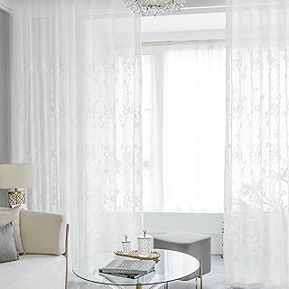 Thin Curtains for Living Room, Living Room Curtains Two Panel Sets Rustic Style Solid Color Flower Embroidered Window Treatments 52 inch Width White Window Curtain 84 inch Length