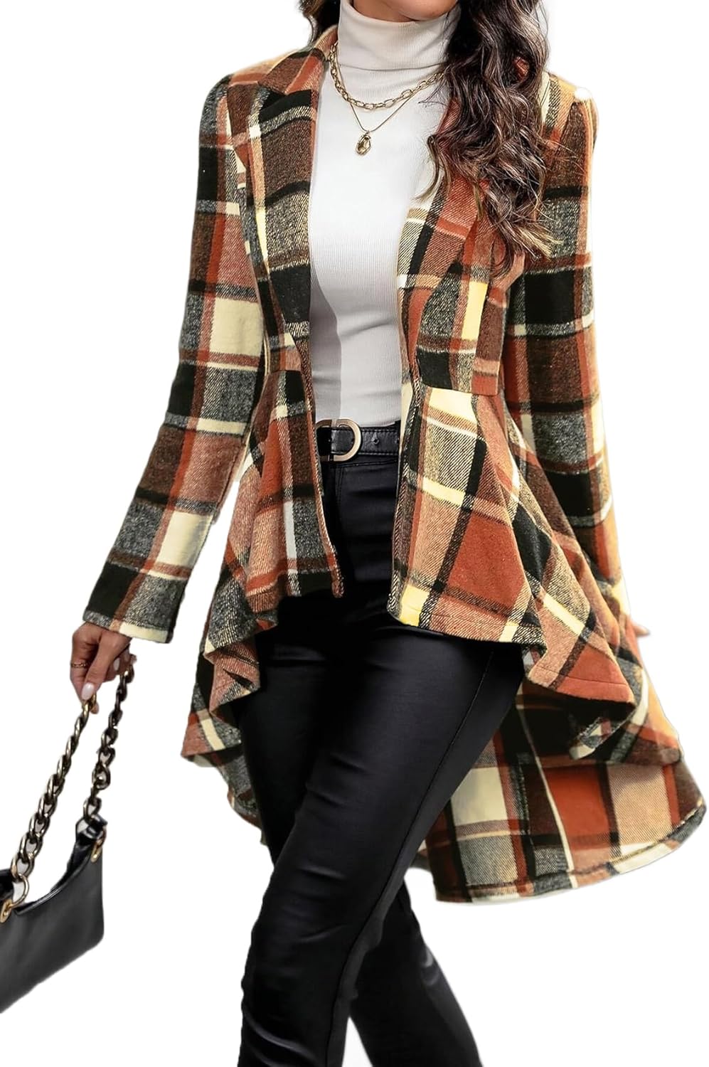 CXINS Womens Long Sleeve Button Down Plaid High Low Jacket Open Front Lapel Peplum Jacket Coat Fall Winter Outfits