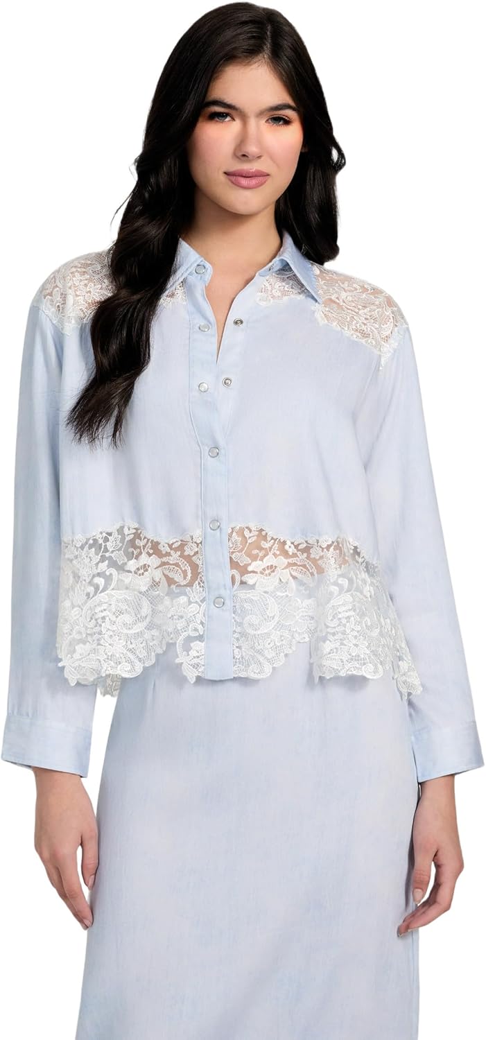 GUESS Womens Long Sleeve Evie Denim Top