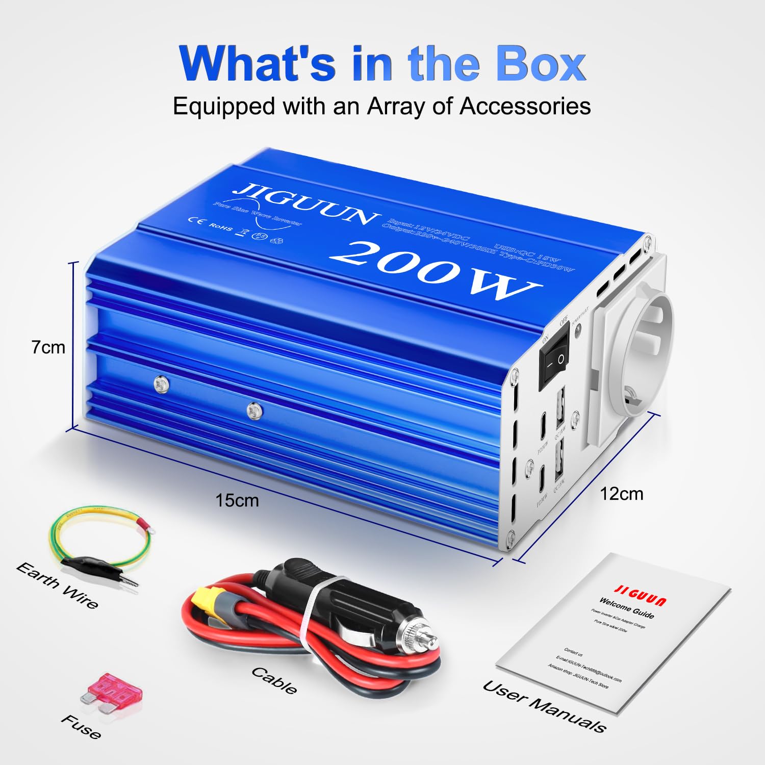 JIGUUN 200W Inversor 12V/24V 220V Onda Pura Convertidor Inverter Potencia máxima 400W con 1 Enchufe EU 2 Puertos USB 2 Puertos Tipo C 30W para Coche, Camping, Viajes y emergencias
