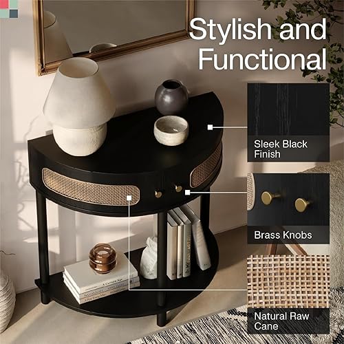 Vista 7 de Rattan Half Moon Shaped Small Entry Table, Console Desk with Storage for Narrow Spaces, Modern Home Decor, Cane Console Table, Solid Wood Entryway