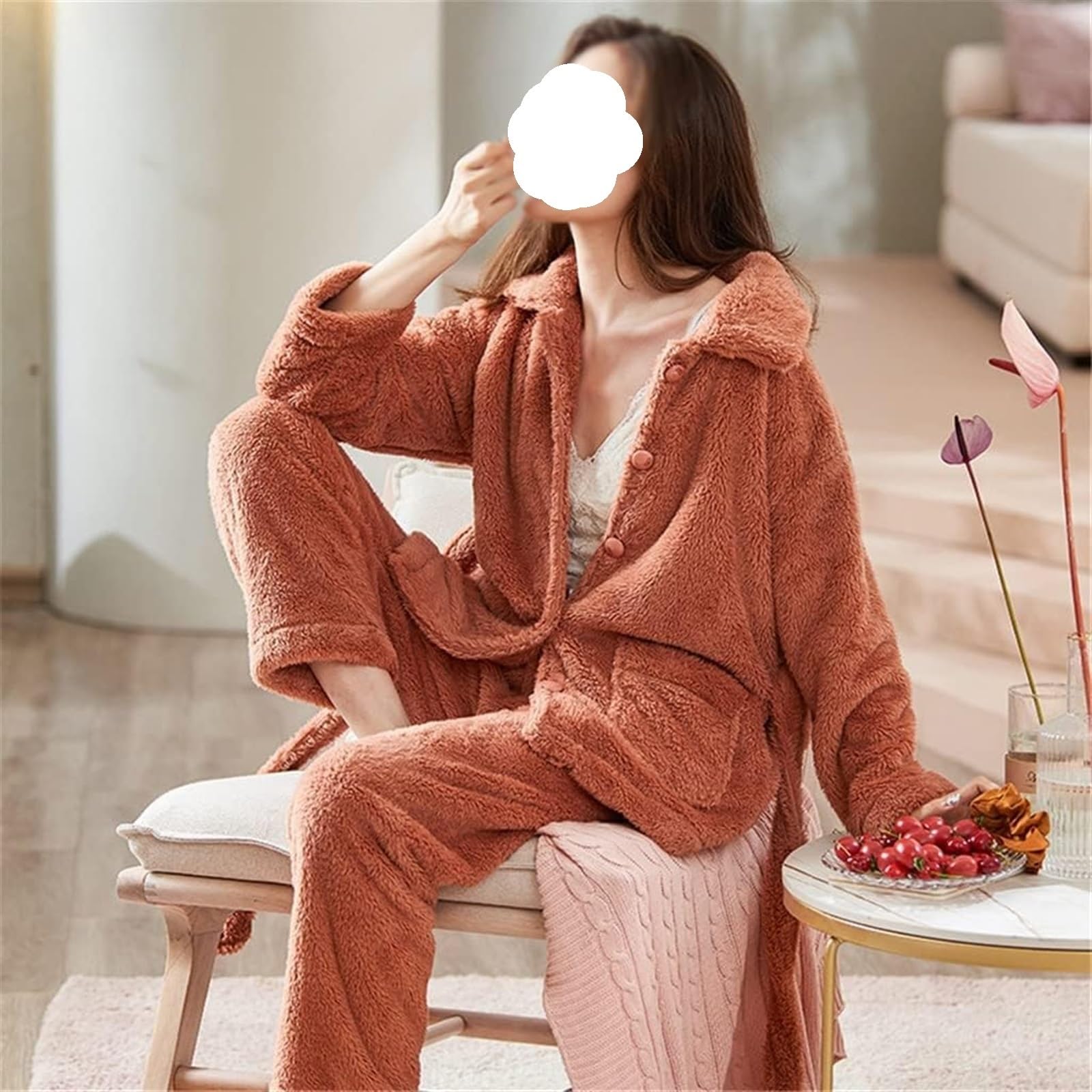 Bata de Casa Pijamas Para Mujer, Franela Cálida, Conjuntos De Sección Larga Gruesa, Ropa Dormir Manga Bathrobe