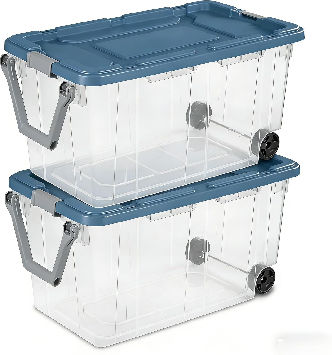 160-quart durable clear storage box with locking lid and handle, blue, 2-pack