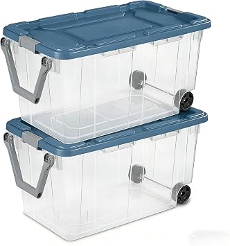 160-quart durable clear storage box with locking lid and handle, blue, 2-pack