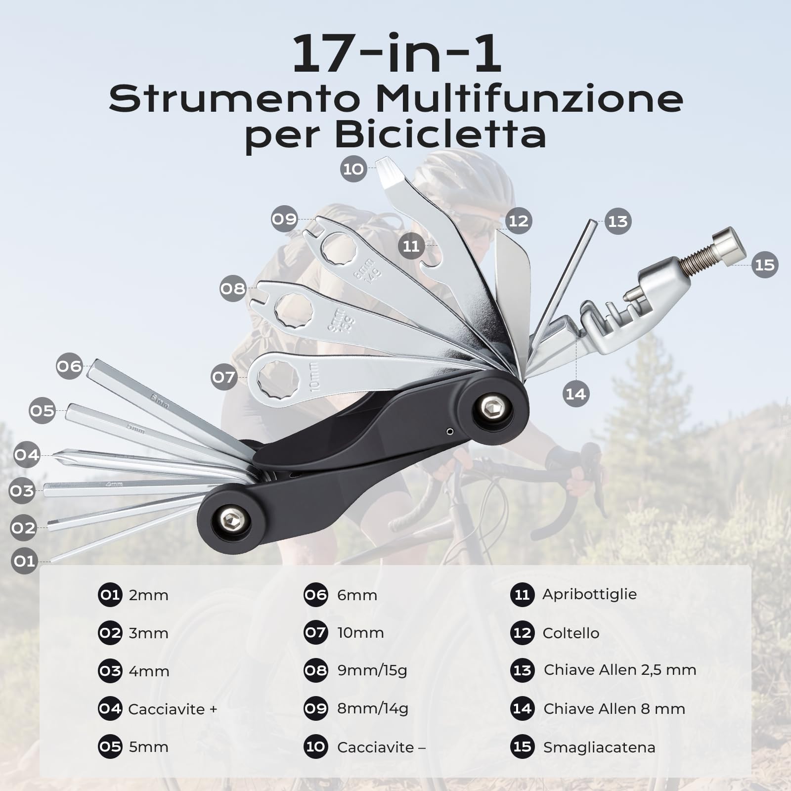 Kit Riparazione per Bici, Kit di Attrezzi per la Riparazione di Bici, Attrezzi Multifunzione per Bicicletta 17 in 1, Kit Riparazione Camera d'aria Bici per MTB, Strada