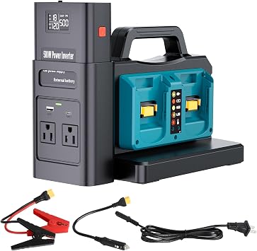 Pure Sine Wave Inverter Compatible with Mkita 18V Battery, 2 in 1 500W 4 Ports Power Inverter Battery Charger Generator DC 20V to AC* 2 Outlets, 120V Car Charger Plug, USB&Type-C Tool Only