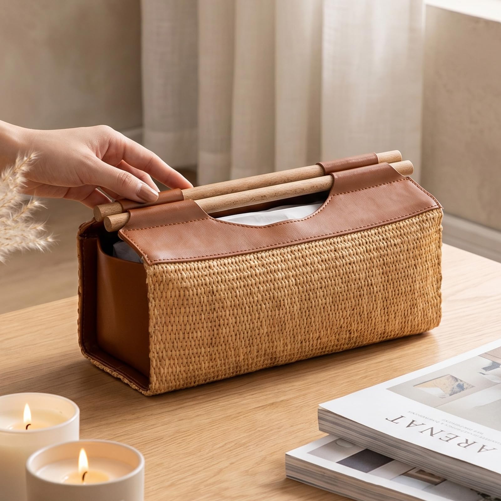 Rattan Paper Towel Dispenser Countertop - Paper Towel Dispenser Woven & Leather Bathroom Paper Towel Holder for Trifold,Z-Fold,C-Fold or Multi-Fold Paper Towels Napkin Holder for Kitchen Bathroom