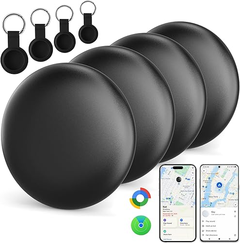 Tracker Tags for iOS & Android – Bluetooth Item Finder | Works with Apple Find My & Android Find My Device, Luggage Tracker for Keys, Wallet, Backpack & Suitcase, Anti-Lost Tag (4, Black)
