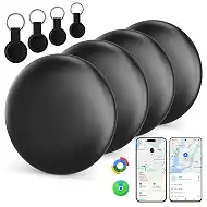 Tracker Tags for iOS & Android – Bluetooth Item Finder | Works with Apple Find My & Android Find My Device, Luggage Tracker for Keys, Wallet, Backpack & Suitcase, Anti-Lost Tag (4, Black)