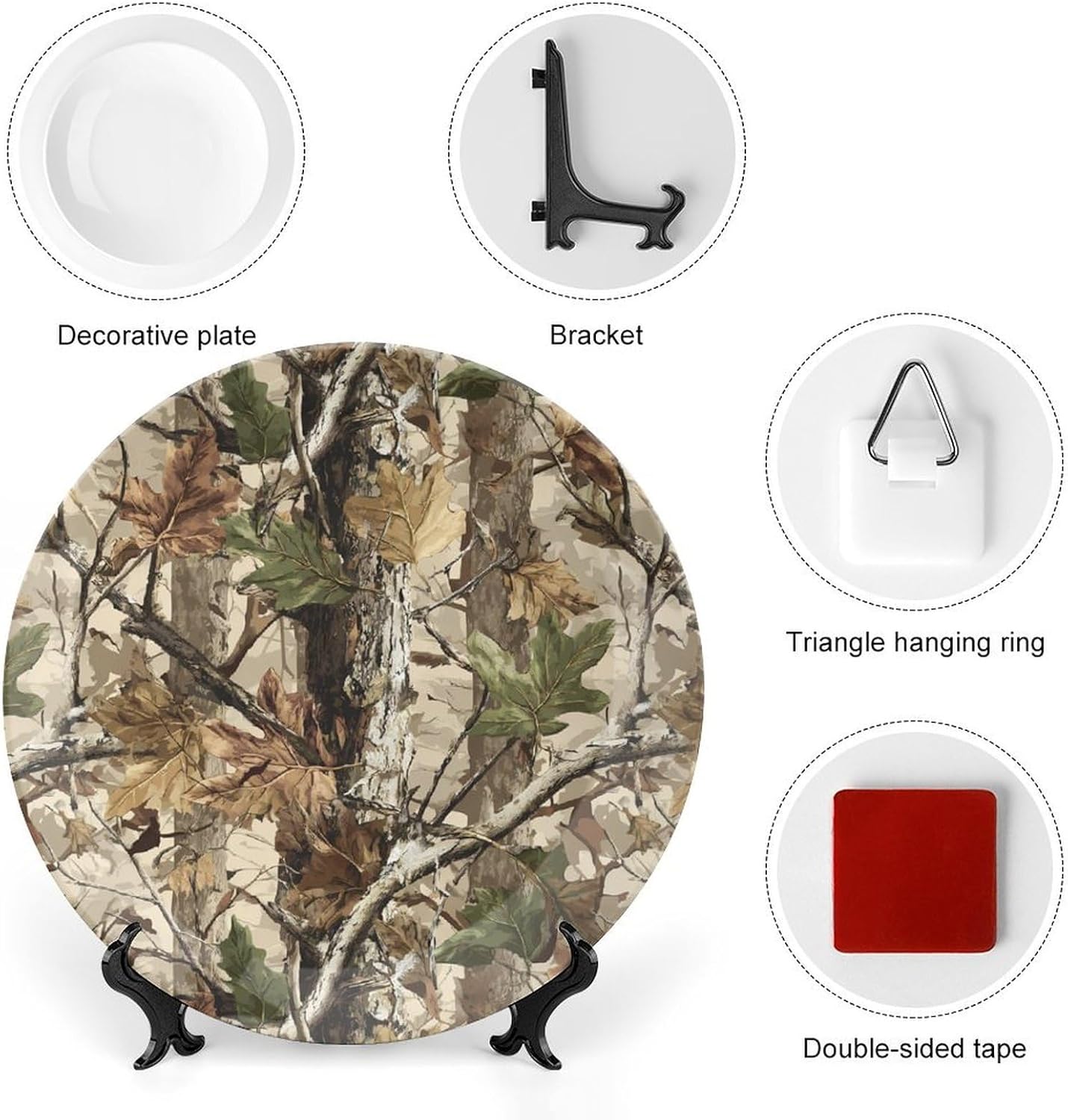 Camouflage Tree Forests Hunting Novelty Decorative Plate with Display Stand Ceramic Ornament Hanging Wall Decor