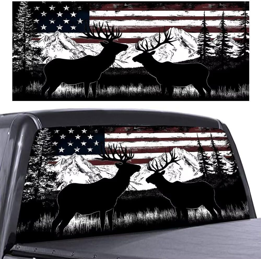 American Flag Deer Rear Window Decals for Trucks, Pine Trees Mountains Landscape Automotive Decal, Car Decor Perforated Vinyl Window Film Sticker, Patriotic Back Window Graphic, 66" x 20"