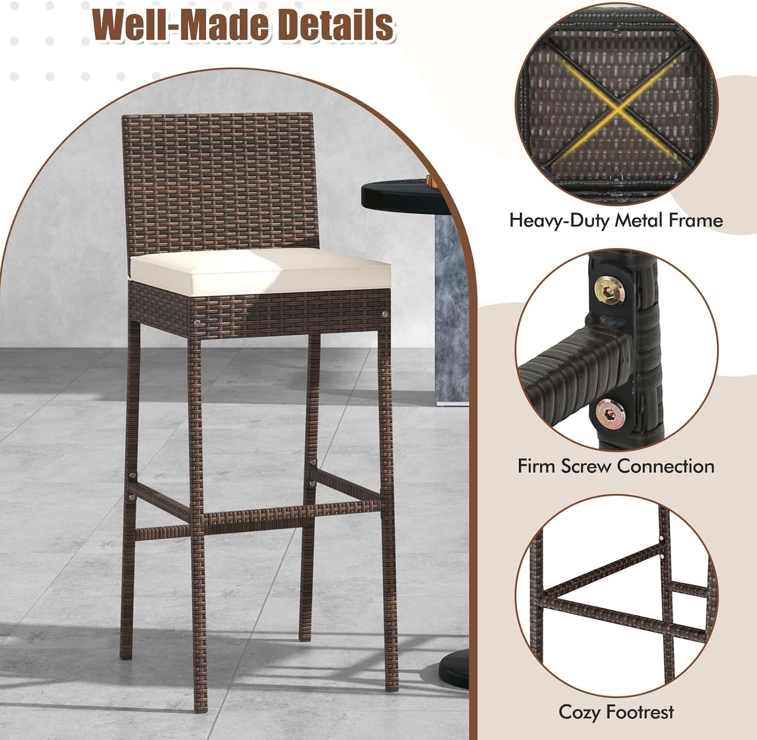 HAPPYGRILL Wicker Patio Barstools Set of 4, Outdoor Rattan Bar Chairs with Footrest & Backrest, Armless High Top Chairs with Seat Cushions for Backyard, Balcony