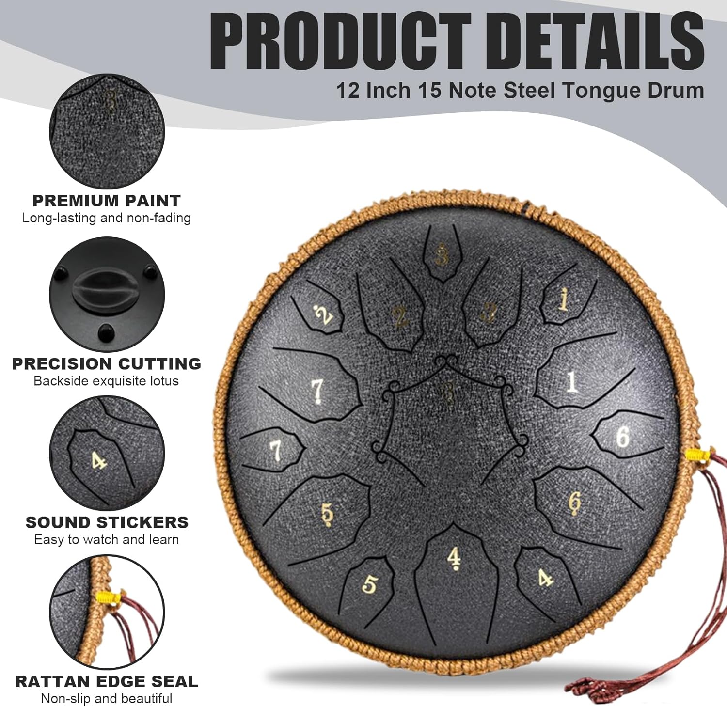 Steel Tongue Drum - 15 Note 12 Inch D Minor Tongue Drum, Adult's Steel Drum Instrument - Hand Pan Drums with Music Book, Steel Handpan Drum Mallets and Carry Bag