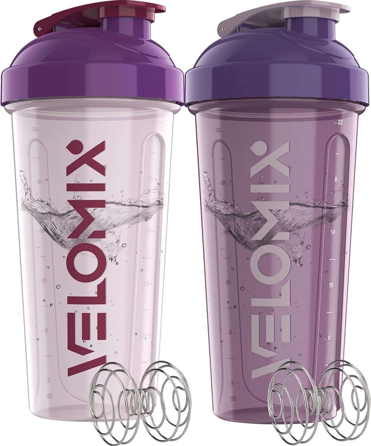 VELOMIX -2 Pack- 28 oz Protein Shaker Bottles for Protein Mixes - 2x Wire Whisk | Leak Proof Shaker Cups for Protein Shakes and Pre Workout | Protein Shaker Bottle Pack (A5) Mixed Aurora