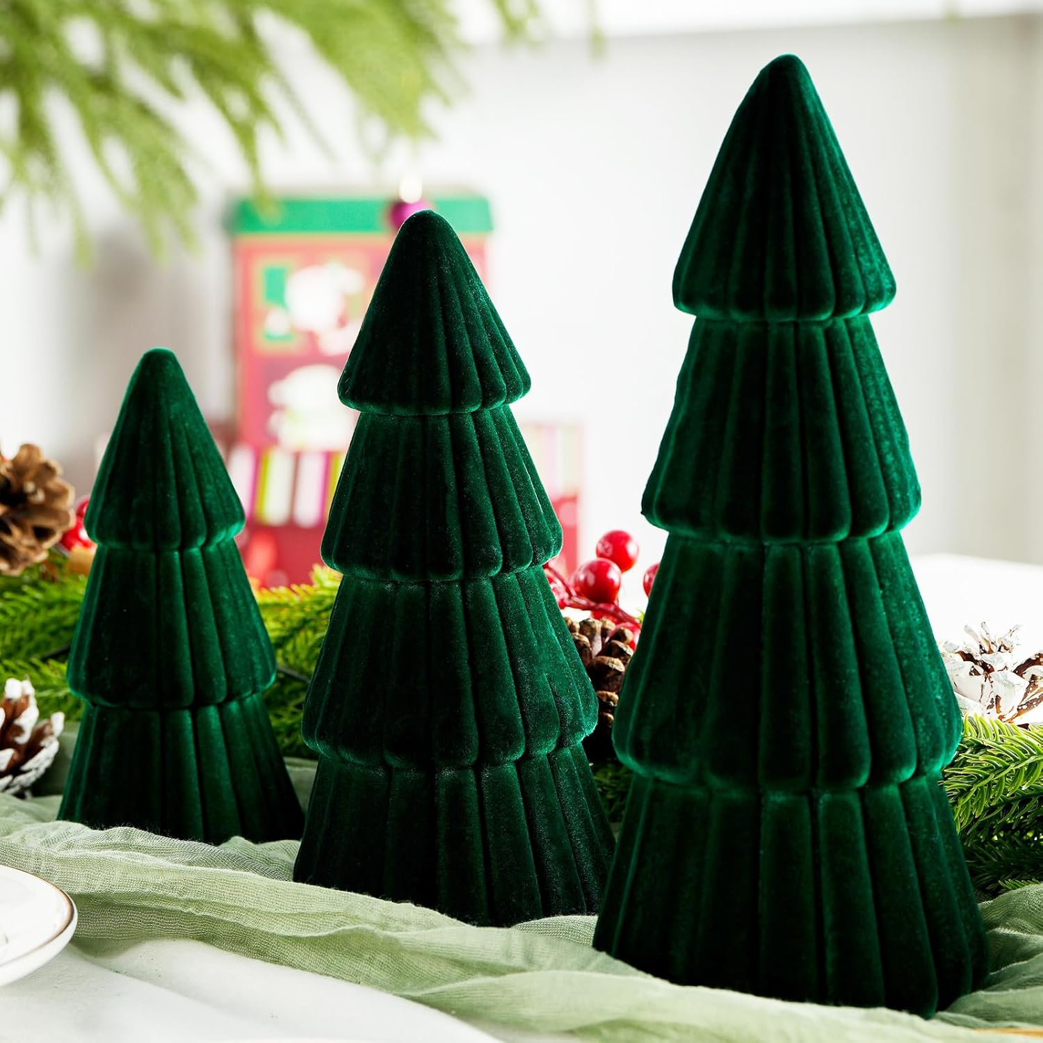 3 Pcs Velvet Foam Christmas Trees Table Decorations Cone Indoor Christmas Figurine Decor for Mantel Living Room Entryway Holiday Xmas Winter Indoor Home Centerpiece Decor (Green)