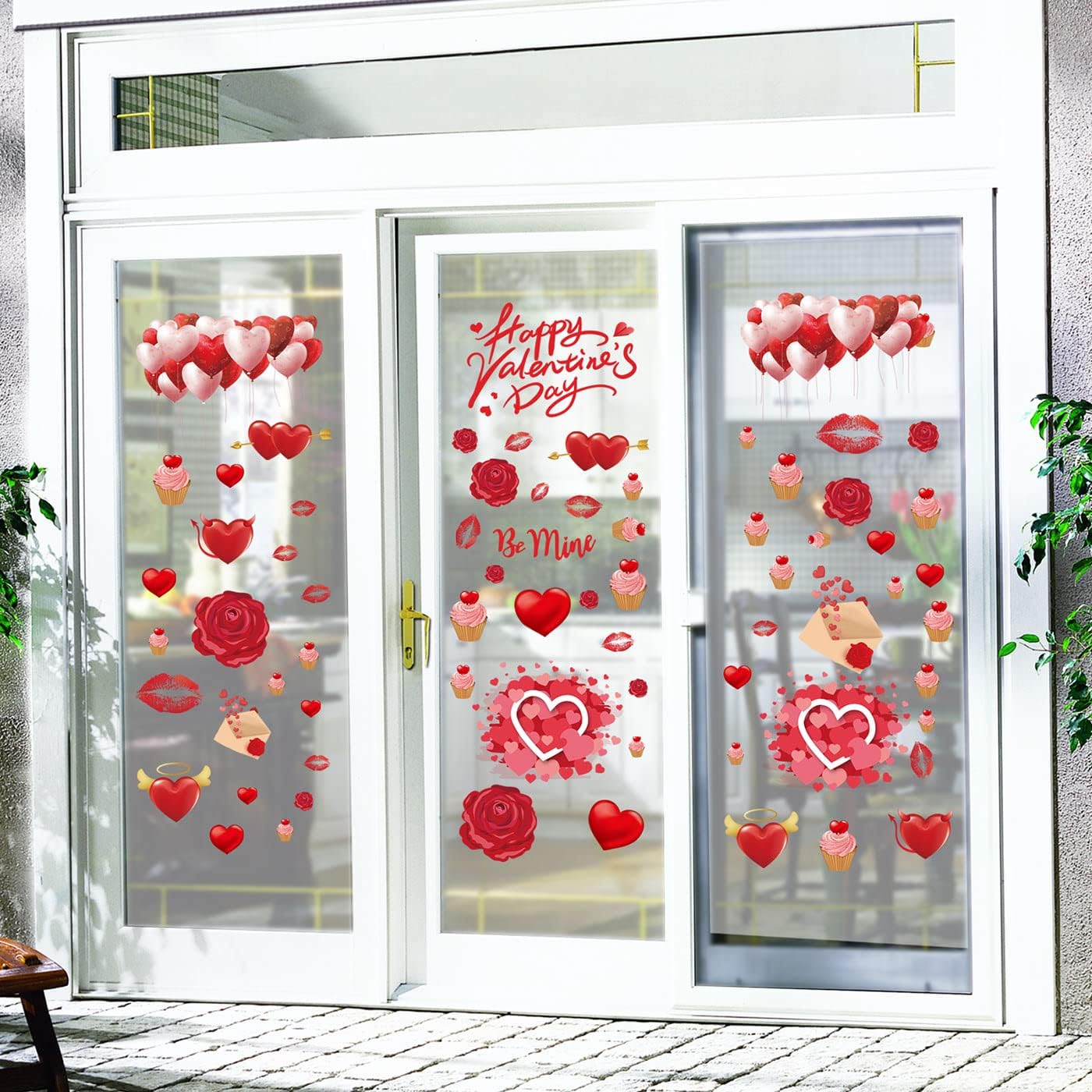 Ivenf Valentines Day Decorations Window Clings Decor, Large Red Heart Rose Balloons Lips Valentines Window Decor for Kids Home School Office, Wedding Birthday Party Supplies Gifts, 6 Sheets 80pcs