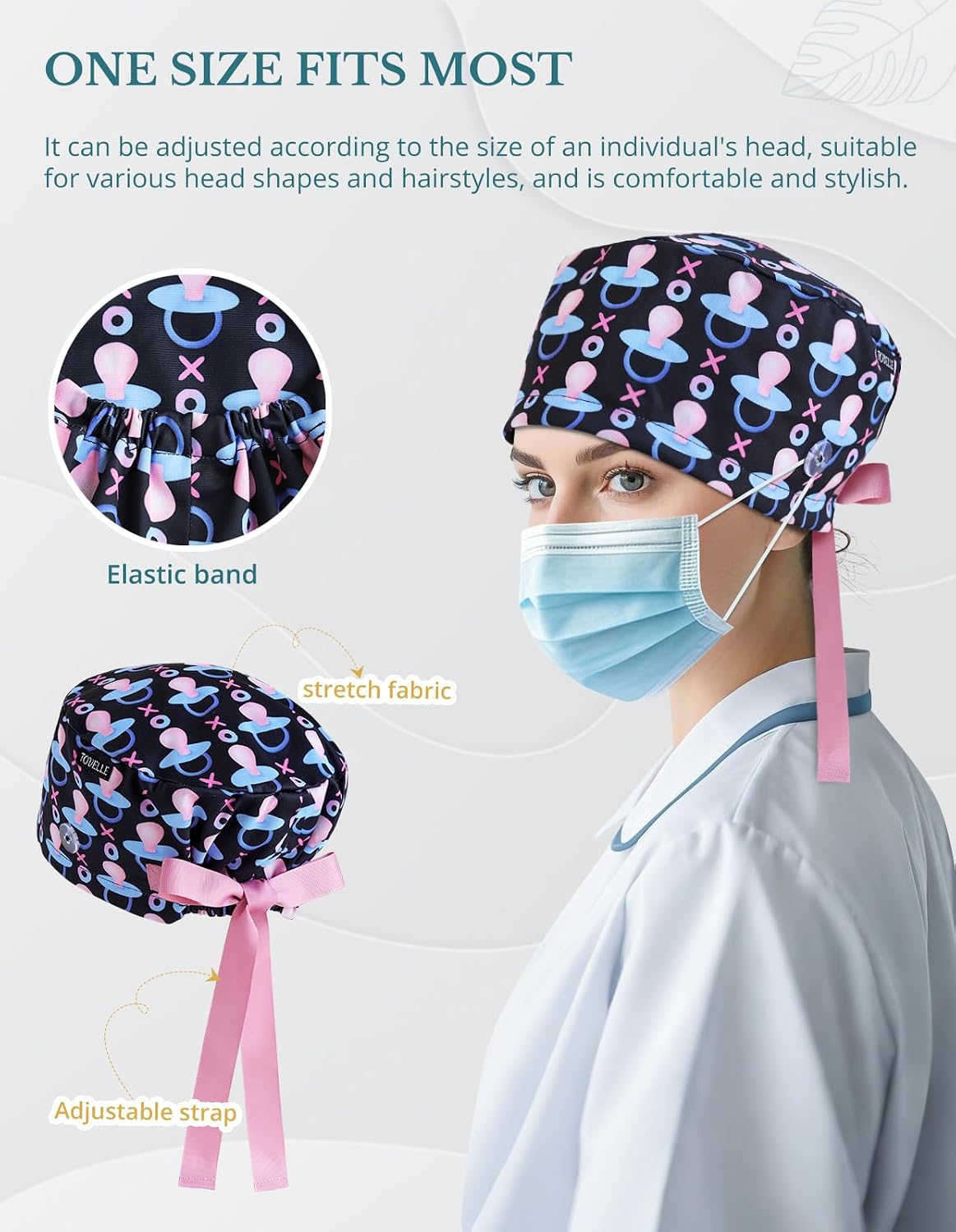 Black Labor & Delivery Euro Style Scrub Caps for Women and Men with Buttons, Adjustable Head Cover with Ribbons, Cute Surgical Hat to Secure Long Hair and Helps Reduce Static Buildup