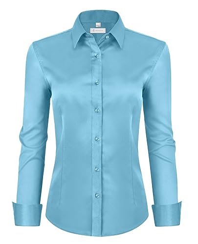 Womens Classic-Fit Dress Shirts Long Sleeve Button Down Wrinkle-Free Stretch