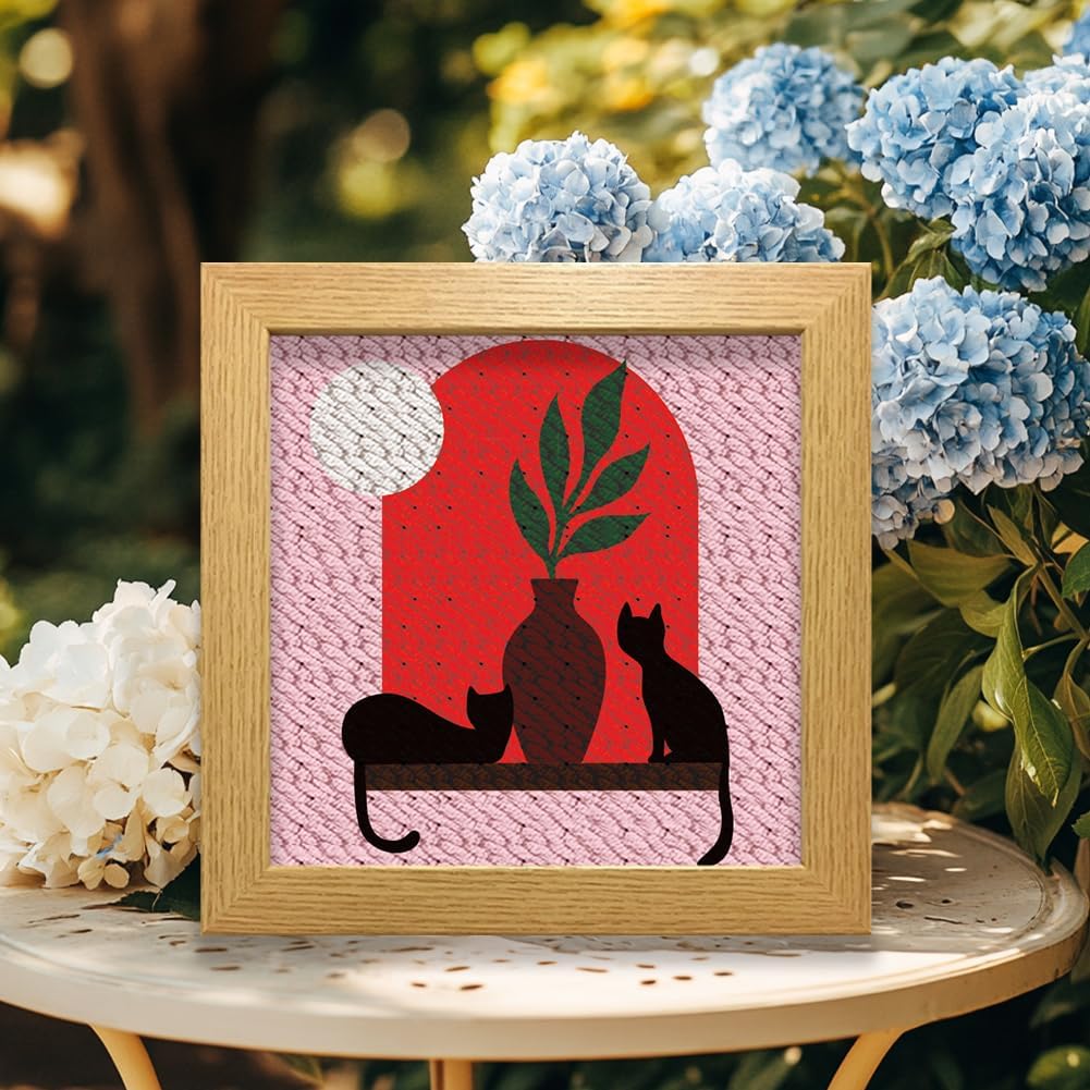 BEUNITONE Boho Element Cat Punch Needle Kits Adults Beginner with Instruction and Sewing Kit, Hand Embroidery Kits Punch Needle Starter Sets for Home Decor, Cross Stitch Kits for Beginners and Gift