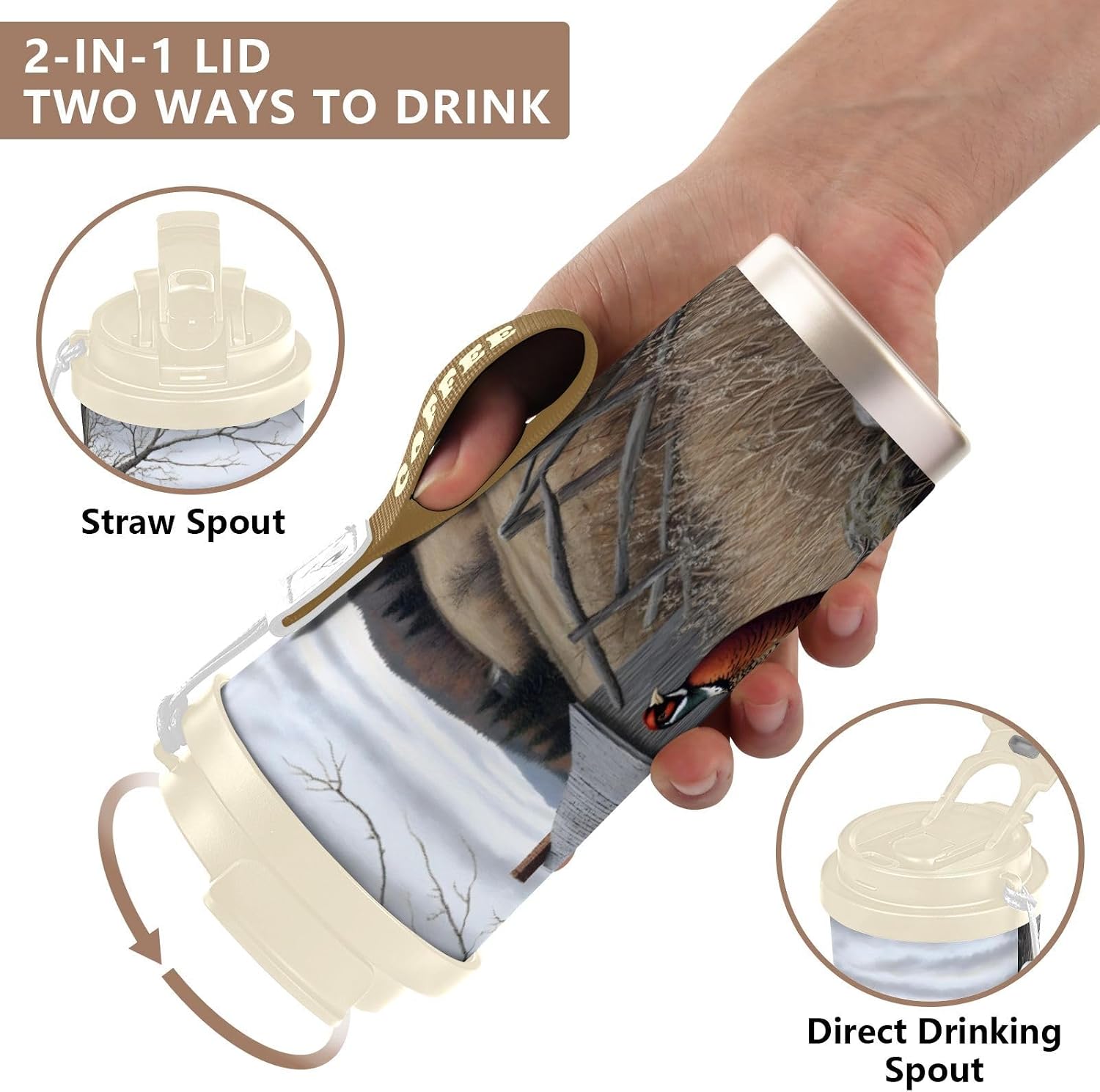 Pheasant Farm Vintage Insulated Coffee Mug with Straw & Flip Lid, 16.9oz Iced Tumbler Cup, Double Wall Vacuum Leak-Proof Mug for Travel Office