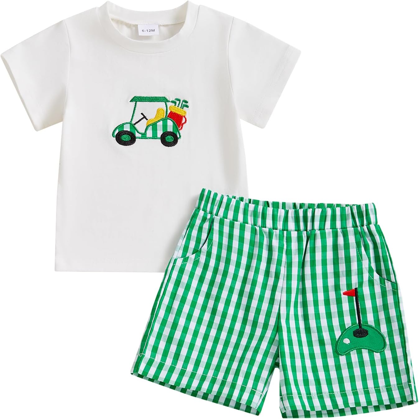 Toddler Baby Boy Golf Outfits 2Pcs Summer Clothes Sets Embroidery Golf Car Short Sleeve Shirt and Striped Shorts Set