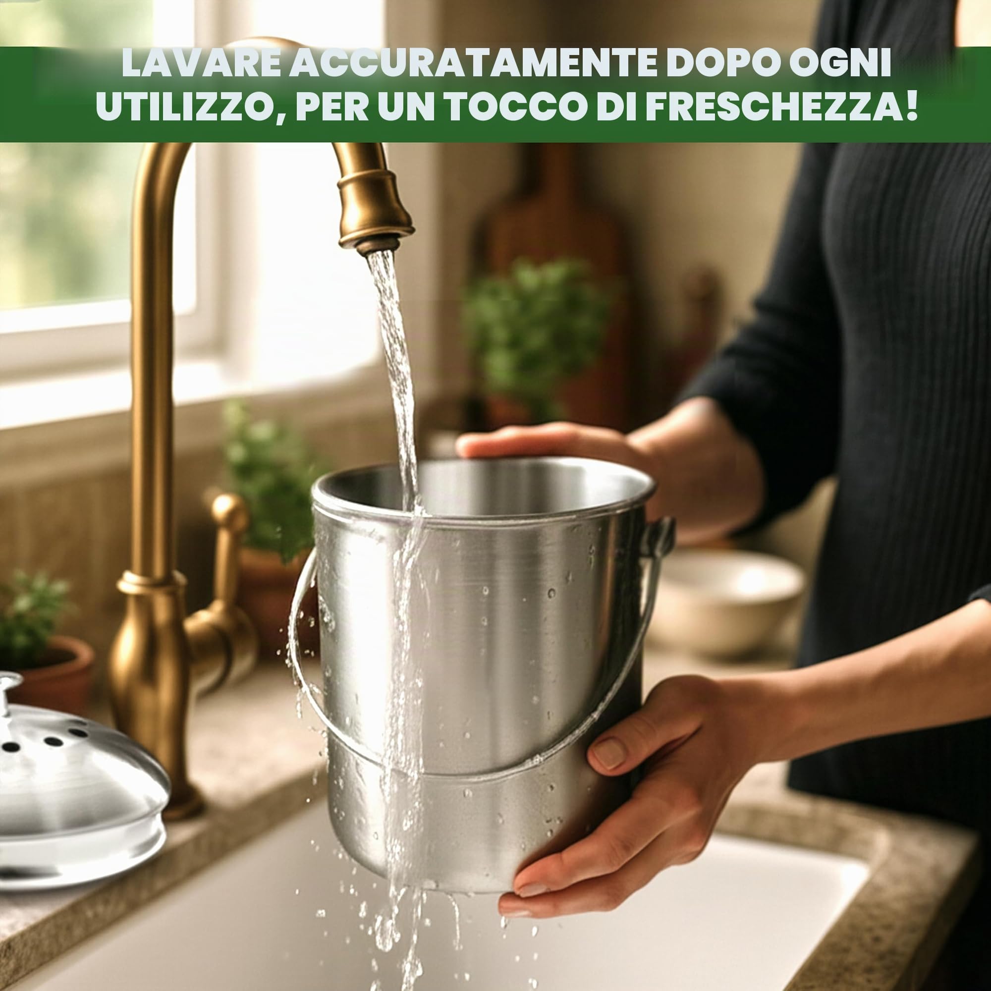 Bidone per compostaggio in acciaio inox di alta qualità, 3 litri, include filtro al carbone Utopia Kitchen