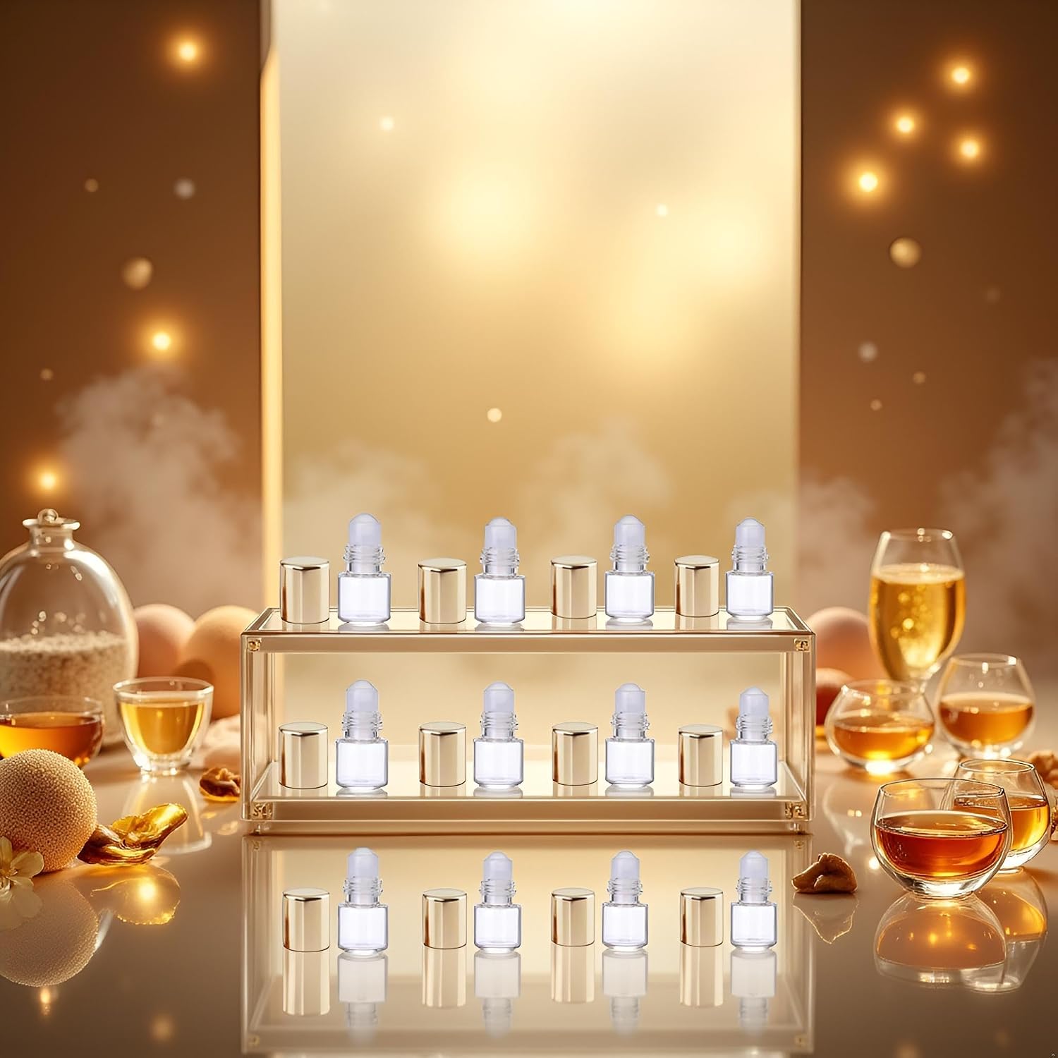 12Pcs Gold Glass Roll-on Bottles for Essential Oils,1ml,Mini Glass Roll on Bottles Roller Refillable Essential Oil Aromatherapy Sample Vials Roller Container,Refillable Cosmetic Roller Bottles