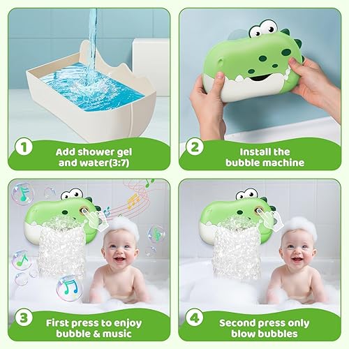Vista 4 de Juguetes de baño para bebés, máquina recargable de burbujas de baño de dinosaurio con música, juguetes de bañera para la hora del baño para niños