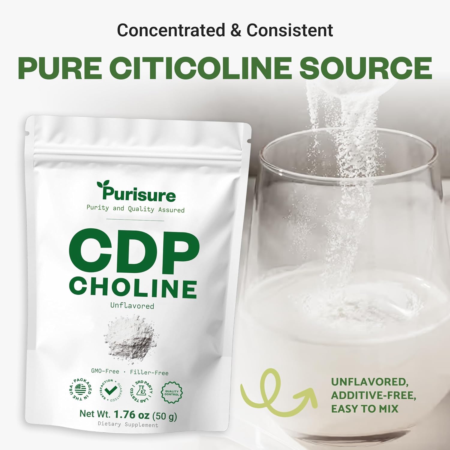Purisure CDP Choline Powder, 50g, CDP Choline Supplements That Support Attention, Focus, and Energy, Citicoline Powder for Cognitive Function, Increases Motivation and Productivity, 200 Servings