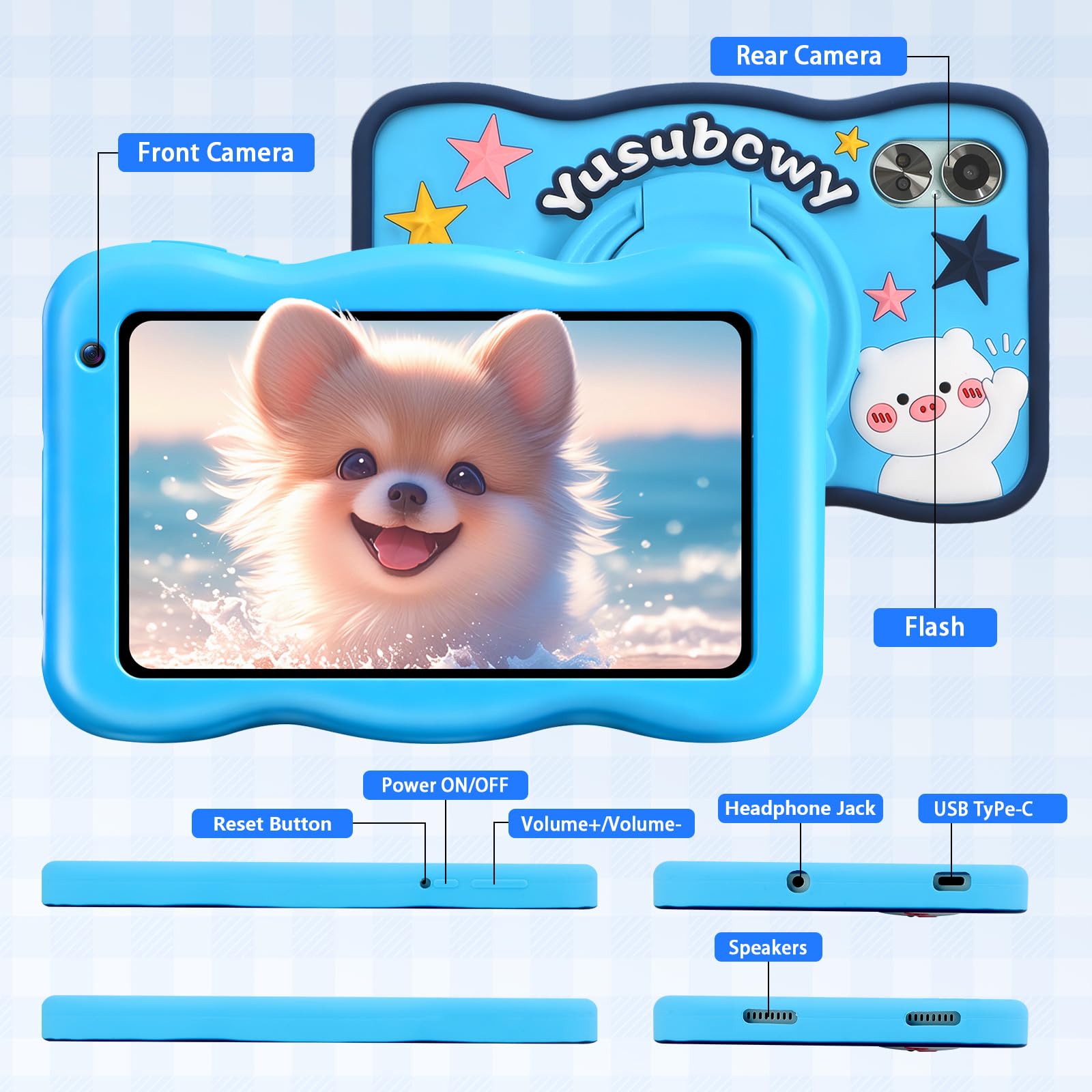 YUSUBCWY Kids Tablet 7 inch, Android 13, 8GB RAM 64GB ROM, 7-inch HD, Parental Control, WiFi Bluetooth, GMS Certified, Screen Protector Case (Blue) — view 7