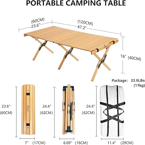 Miniatura 3 de Trade Best Mesa de picnic baja portátil, plegable para playa con una bolsa de transporte, barbacoa enrollable de madera maciza para exteriores,
