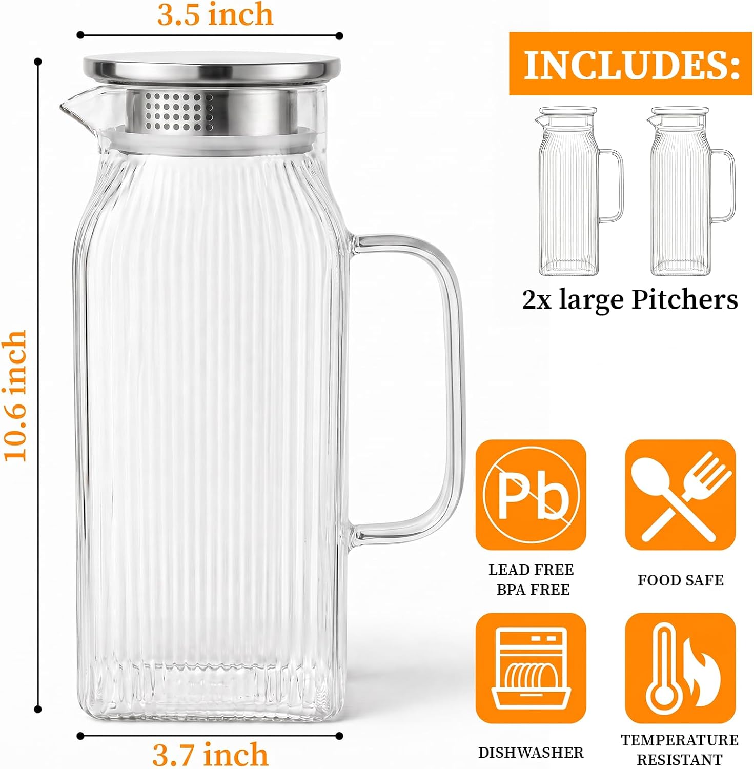 2 Pack Glass Pitchers with Lids, 68 oz/2 Liter Sun Tea Pitcher, Square Pitcher with Vertical Stripes and Handle, Heat-Resistant, Suitable for Refrigerator Storage, Tea and Beverage Container