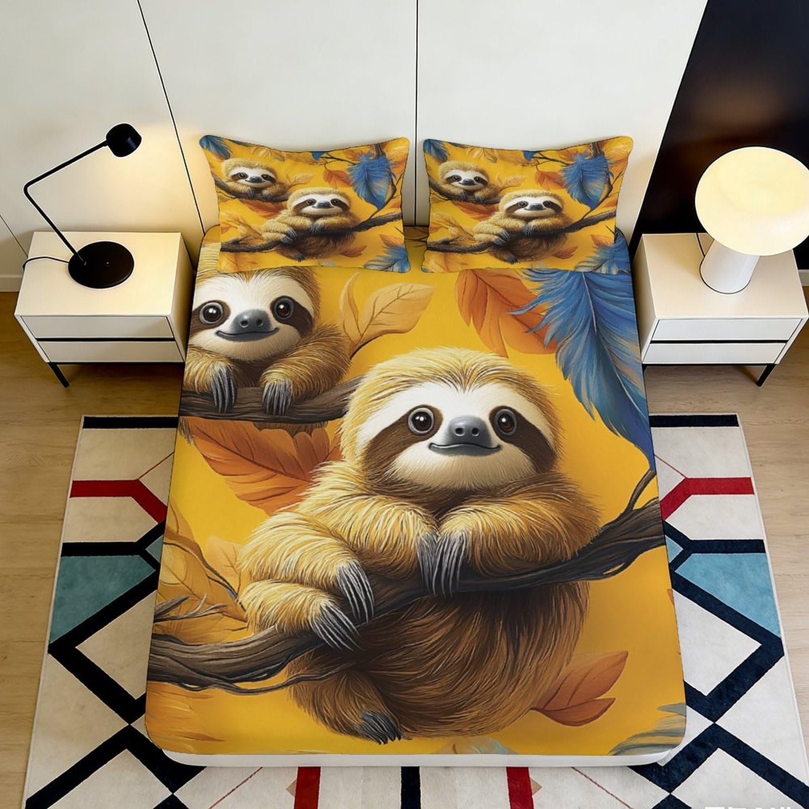 3D Printed Sloth Jungle Fitted Sheet Microfiber Yellow Leaf Bed Cover for Bedroom Dorm Mattress Decor 90x200x25cm