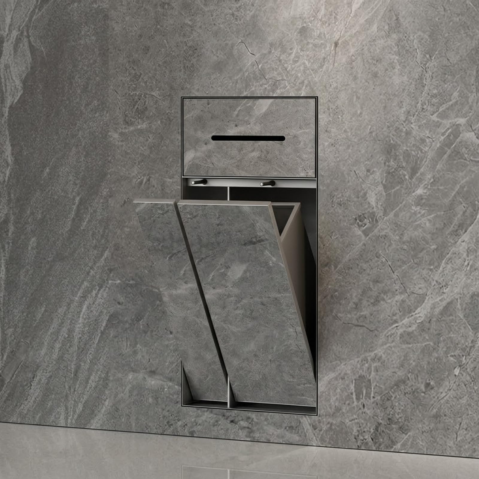 Nicho Empotrado 4 en 1 con Papelera, portarrollos y escobillero, Acero Inoxidable 304, Armario de Pared Impermeable para baño(Gun Gray,Multi-Functional-M)